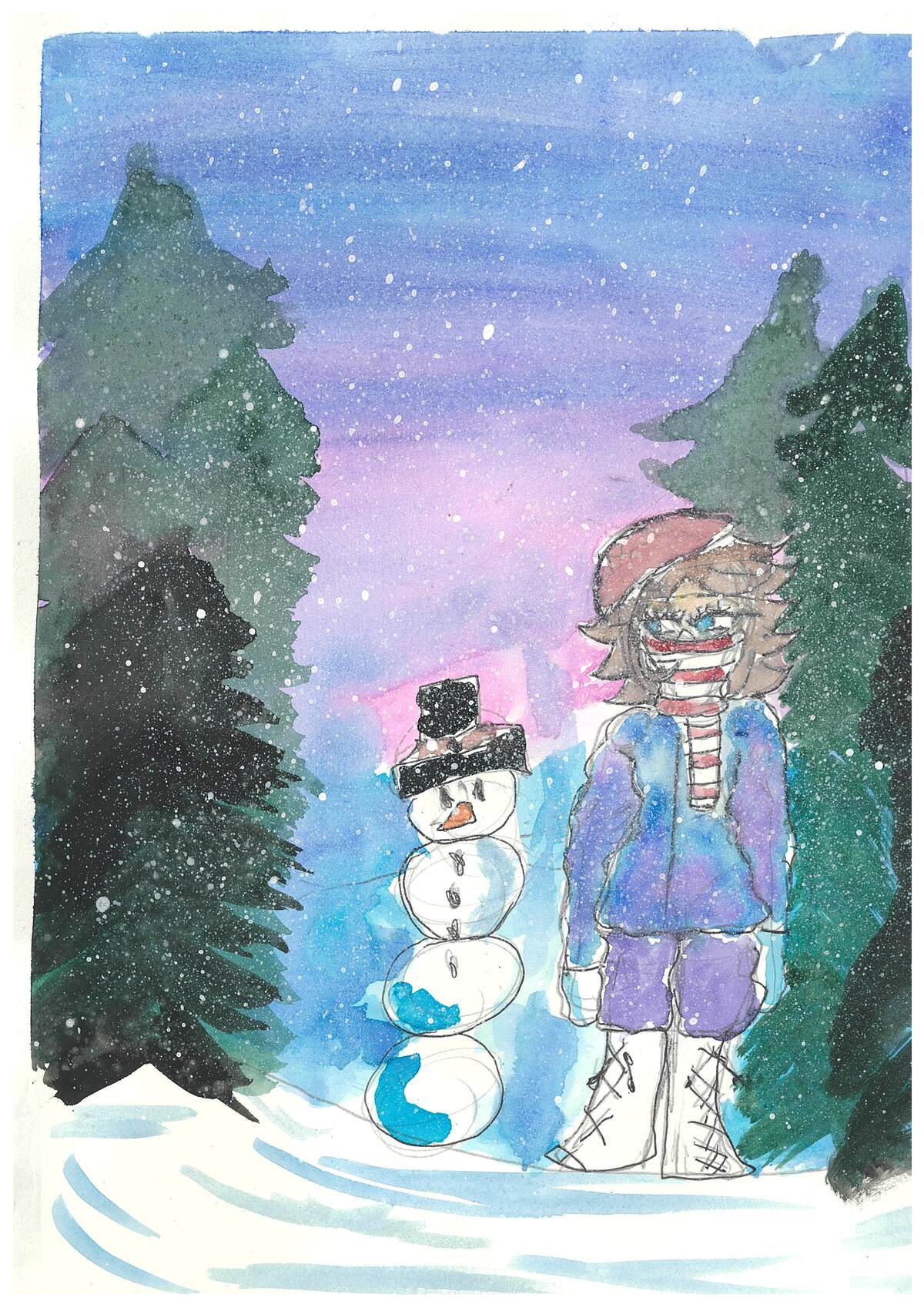 Painting of a person wearing a scarf next to a snowman outside.
