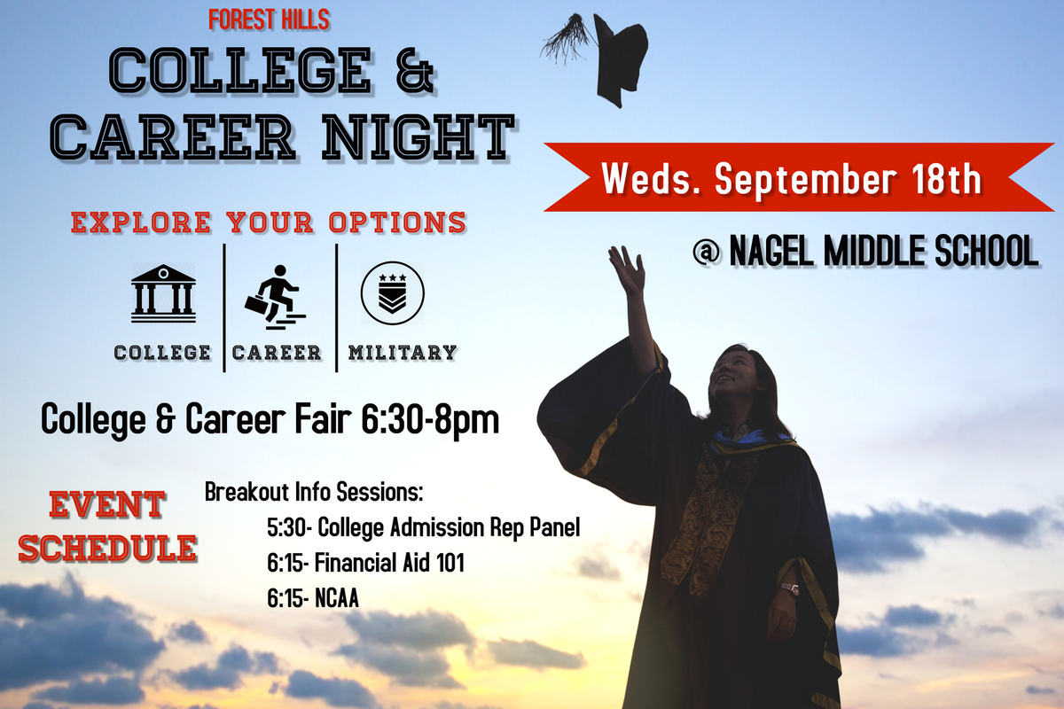 College and Career night poster with graduate throwing cap