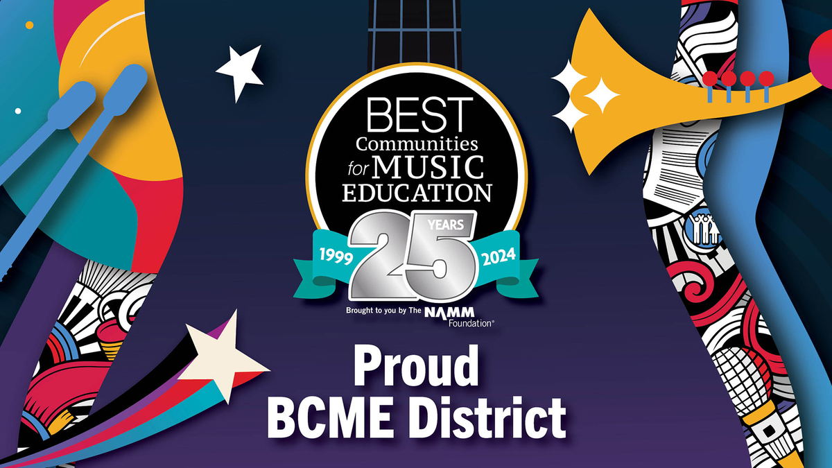 Graphic that says "Best communities for music education" and "proud BCME district"