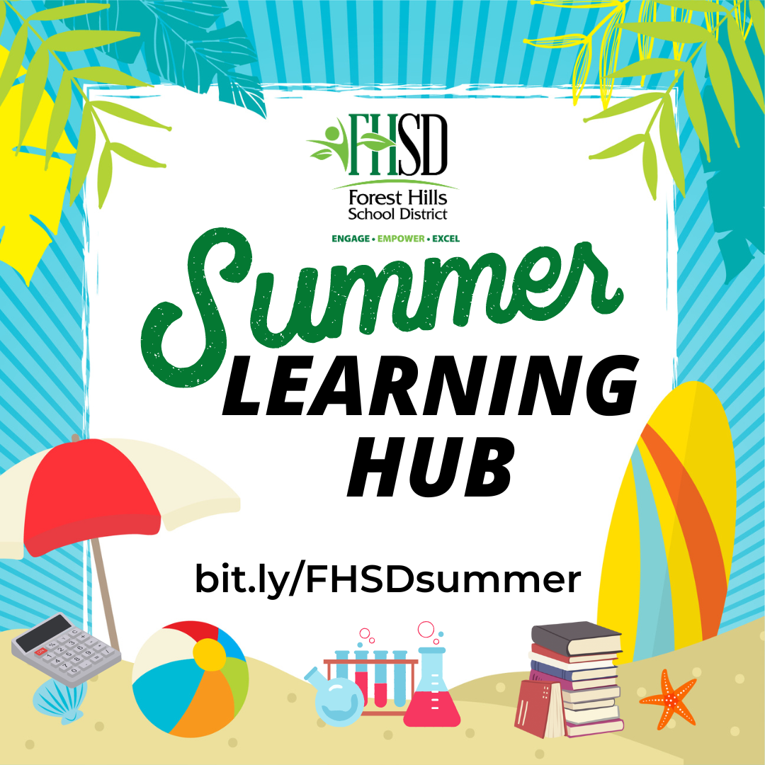 Summer Learning Hub beach flyer with Forest Hills logo