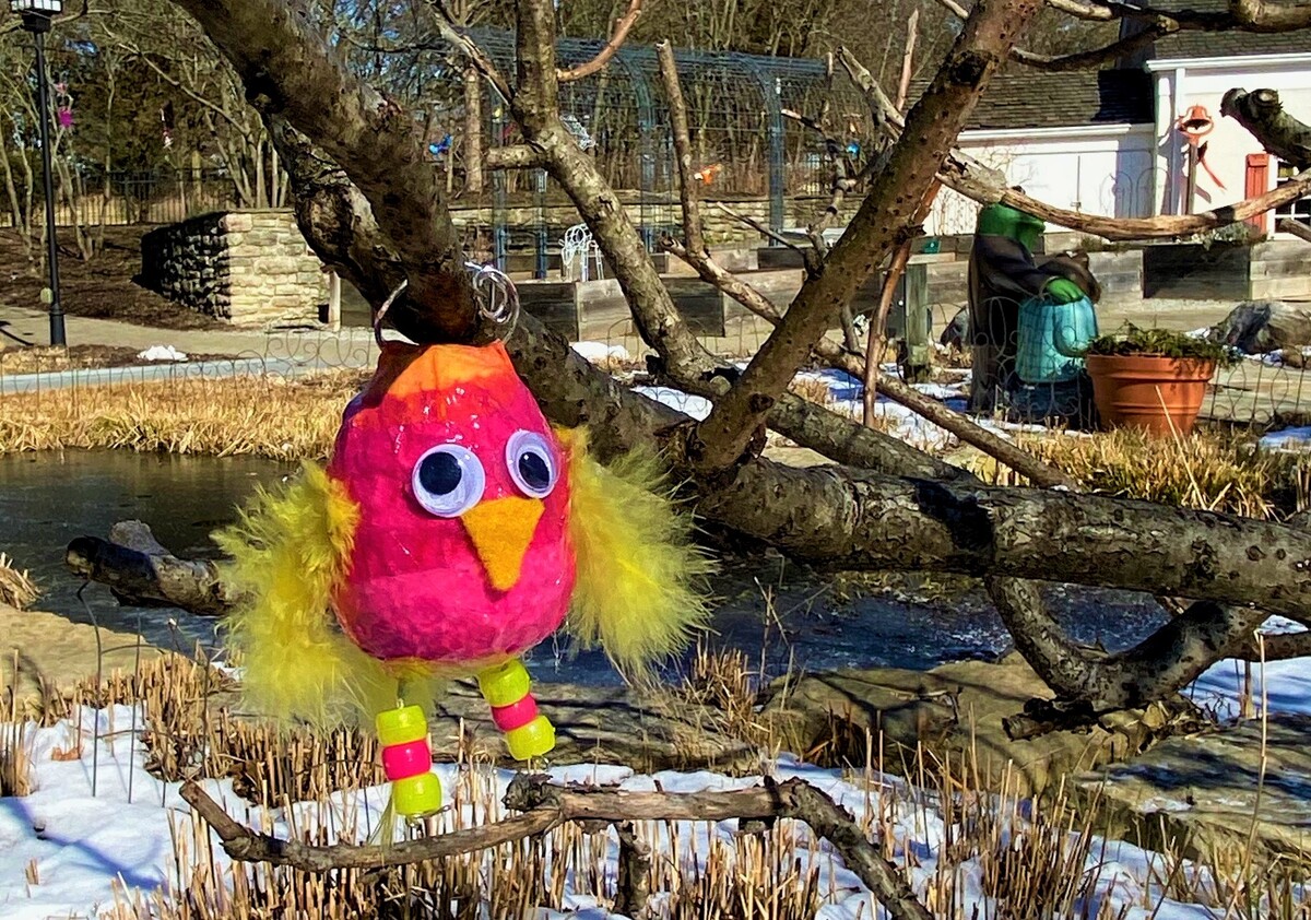 Art craft yellow and pink owl on branch